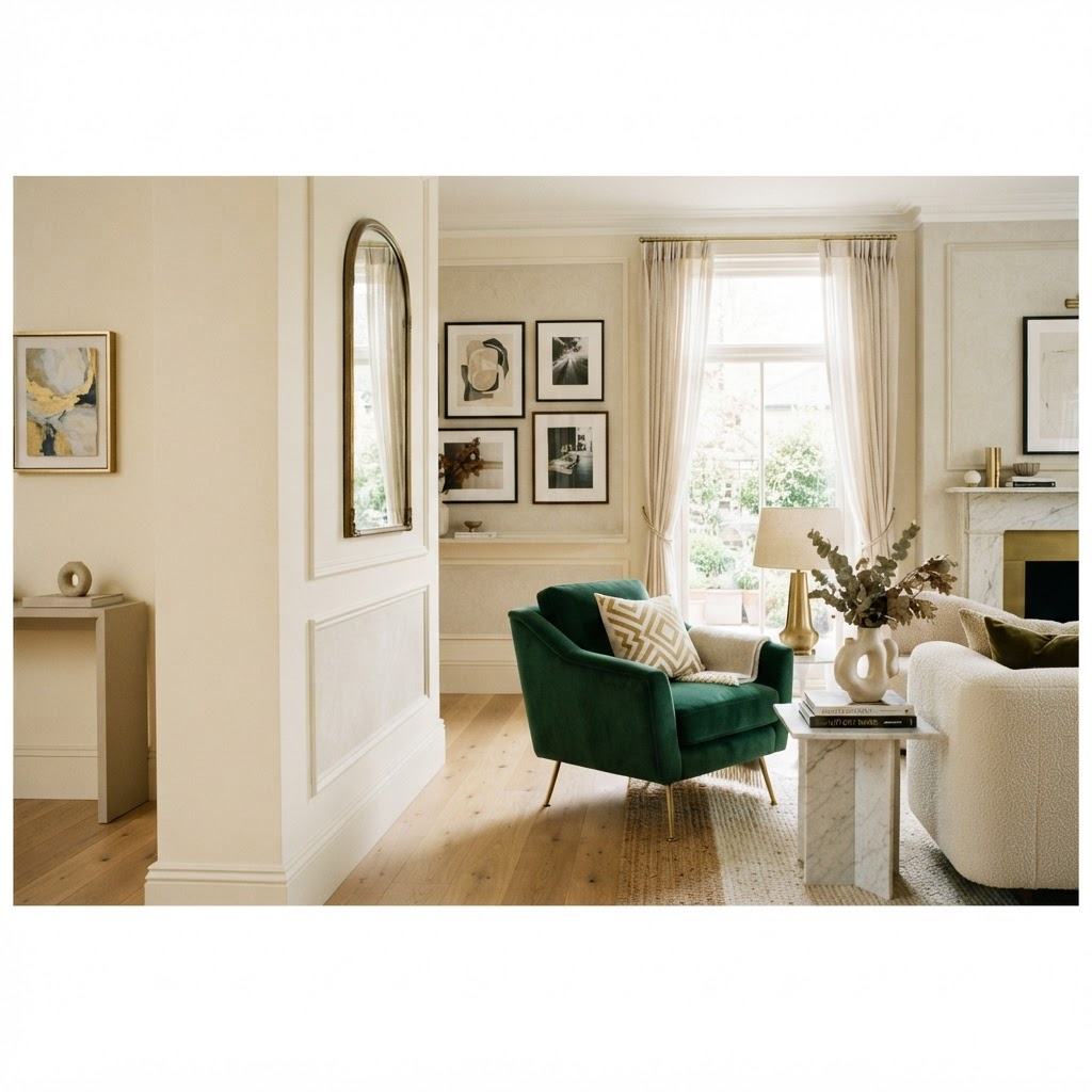 AIINSPIRE modern home styling — emerald velvet armchair, brass lamp, and sculptural vases