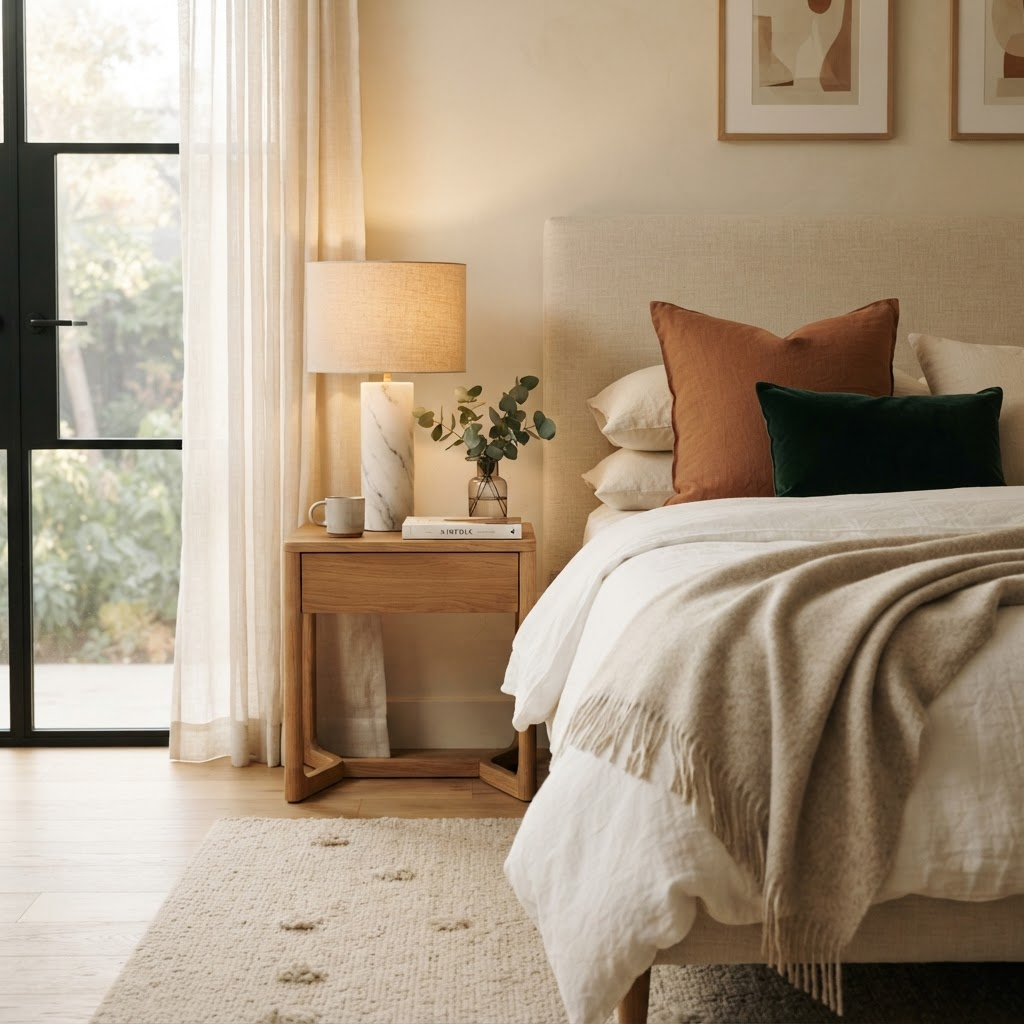 A serene bedroom corner styled with a marble lamp, cashmere throw, and textured pillows