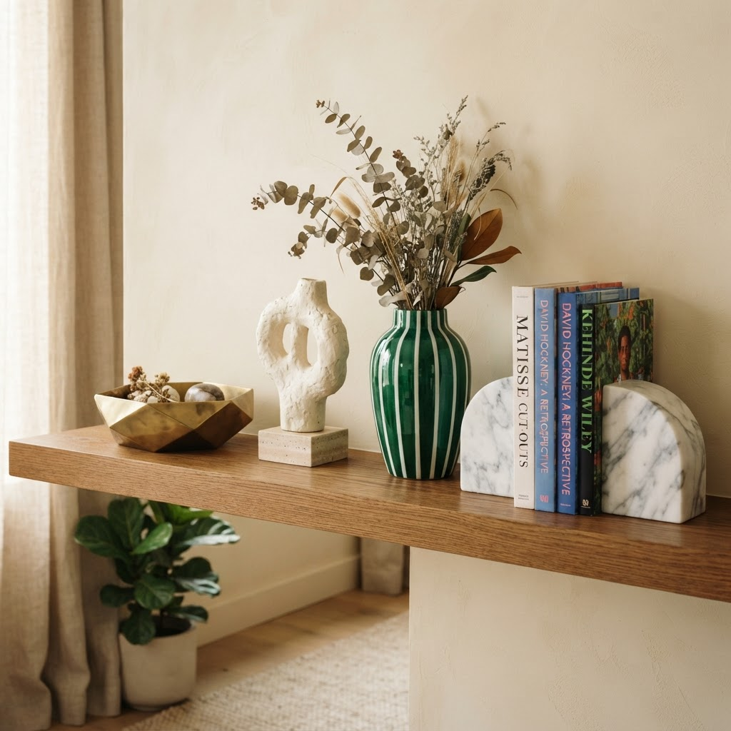 A styled decorative shelf with a brass bowl, ceramic sculpture, and emerald striped vase